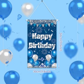Blue Silver Birthday Door Sign for Women, Blue Silver Birthday Door Banner Decorations Blue Silver Birthday Porch Sign Banner Blue Silver Birthday Door Hanger Decor Birthday Front Door Sign for Girls