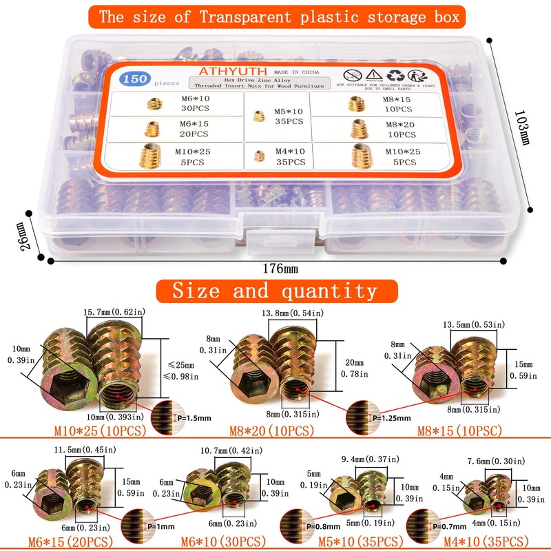ATHYUTH Threaded Inserts for Wood, 150 Pieces Zinc Alloy Thread