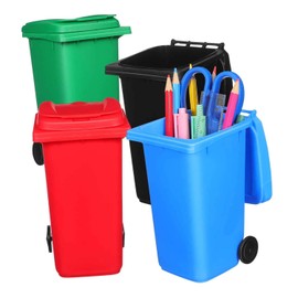 4 piezas Mini Botes de Basura de Escritorio con Tapa y Ruedas Contenedores de Plástico Resistentes para Lápices y Crayones Organizador de Escritorio Negro Azul Verde y Rojo