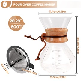 Pour Over Coffee Maker 600ml with 304 Stainless Steel Filter and Wooden Collar Holder Borosilicate Glass Drip Coffeemaker Server Set Clear Hand Brew Dripper Carafe for Home Camping Travel 20.3oz