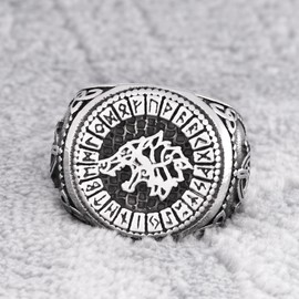 Gungneer Stainless Steel Runic Fenrir Wolf Ring Odin Norse Rune Circle Viking Jewelry for Men Women