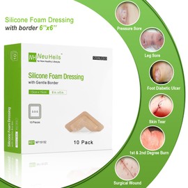 Silicone Adhesive Foam Dressing with Gentle Border 6''x6'', 10 Packs for Bed Sore Leg Ulcer, High Absorbency Waterproof Silicone Wound Bandages by NeuHeils