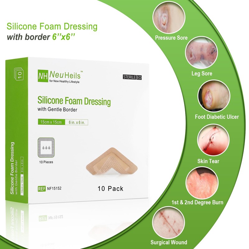 Silicone Adhesive Foam Dressing with Gentle Border 6''x6'', 10 Packs