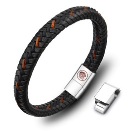Casisto.J Men's Leather / Stainless Steel Engraved Bracelet, Braided, with Magnetic Clasp and Adapter, Black / Brown, Stainless Steel, Xbtg34