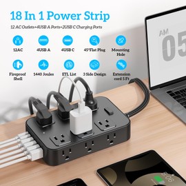 Solidock Power Strip Surge Protector 5 Ft Extension Cord with 12 AC Outlets 6 USB Ports Flat Plug 3-Sided Outlet Extender Home Office Kitchen Dorm Room Wall Desk Charging Station ETL Listed Black