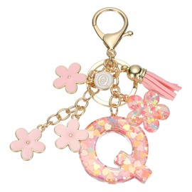 sourcing map Initial Letter Keychain, Cute Tassel Cherry Blossom Keychain Alphabet Q Letter Charm with Flower Pendant for Women Girls Key Purse Handbag Backpack (Pink, Pack of 1)