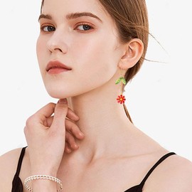 Just Follow Alloy Daisy Flower Drop Dangle Earrings Long Tassel Bohemian Flower Statement Earrings for Women Gifts With Green Leaf (Red)