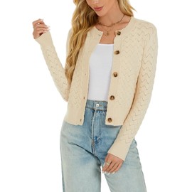 Enjyam Women's Long Sleeve Cropped Knitted Sweater Cardigan Button Down Open Front Knitted Shrug Sweaters Beige