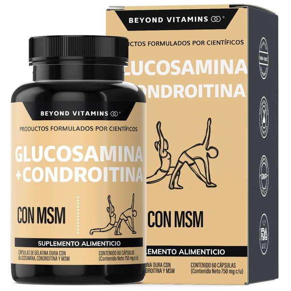 Glucosamina + Condroitina con MSM - Suplemento Vitamínico Formulado por Científicos - Suplemento Alimenticio en Cápsulas - Sin Gluten - Sin Azúcar-Ingredientes NON GMO-60 cápsulas