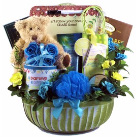 Gift Basket Village Chase Your Dreams! Inspirational Gift Basket for Her with Plush Friend, Gourmet Drinks, Indulgent Spa Products and Mouthwatering Sweets, 8 Pounds