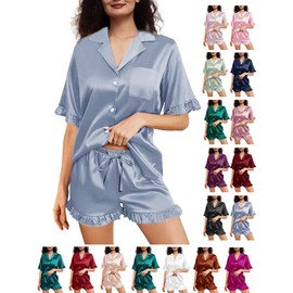 WJing Yi Jia Womens Silk Pajamas Set XS-4XL Button Down Satin Pajama Sets Silky Pj Set Ruffle Sleepwear Lounge Set Nightwear Dusty Blue