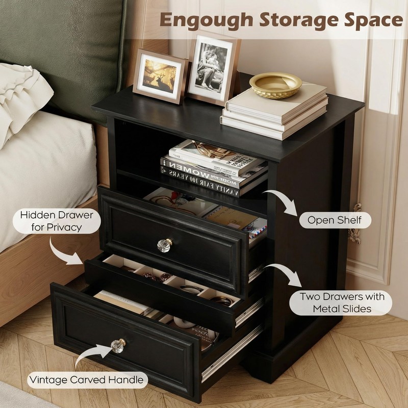 XIAO WEI Black Tall Nightstand with Hidden Drawer, 2 Drawers