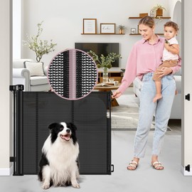 Reinforced 56" Wide Retractable Baby Gates for Doorways with Support Rods - Prevent Crawling Under Retractable Gate, Mesh Pet Gate for Stairs Retractable Dog Gates for The House Indoor/Outdoor, Black