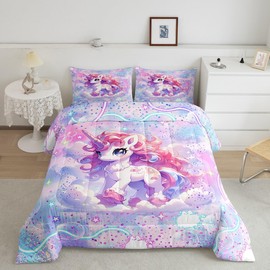 Unicorn Comforter Set Queen Size,Kawaii Pink Blue Unicorn Bedding Set for Girls Bedroom Decoration,Rainbow Glitter Galaxy Bed Duvet Insert,Watercolor Love Pattern Comforter with 2 Pillowcases