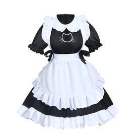 Anime French Cat Maid Apron Fancy Dress Cosplay Costume Headwear Gloves Socks Set(Black M)