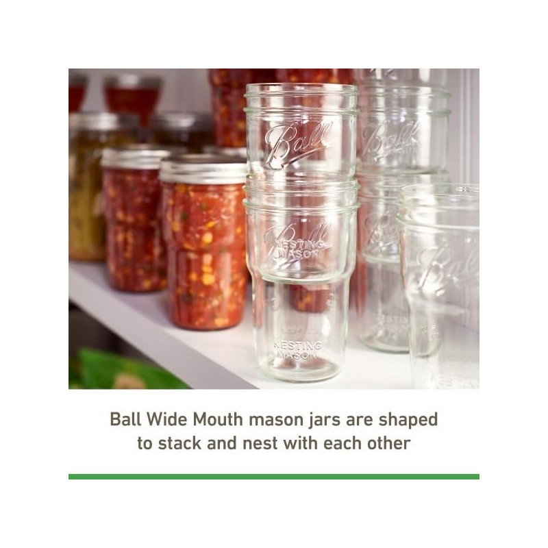 Ball Glass Nesting Mason Jars, Wide Mouth, Pint Size, 16