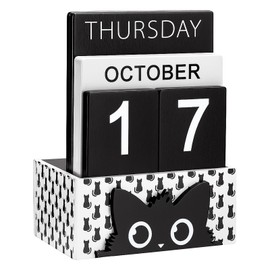 AceOrbit Cat Wood Block Perpetual Calendar Coquettish Desk Decor Cute Month Week Date Display Decorative Block Calendar for Women Office Home Desk Gift for Women