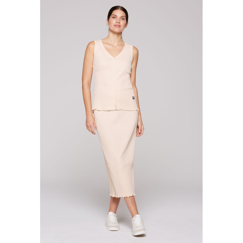 SOCCX Women's Buttoned Ribbed V-Neck Top, Milky Beige, XS