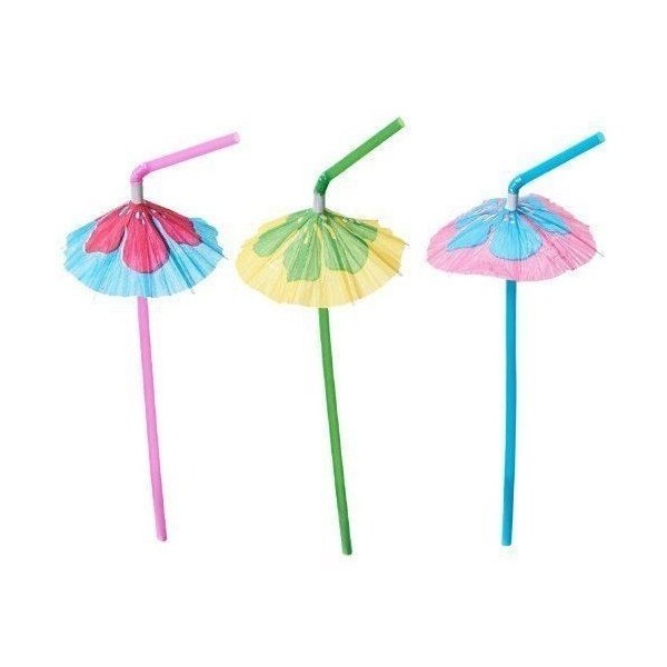 Hibiscus Umbrella Parasol Straws - 48 Pc - Great Luau Tropical Drink Straws