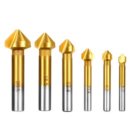 Qibaok 6 pcs HSS Countersink Drill Bit Set 90 Degree 3 Flute Countersink Bits Titanium Chamfer Cutter Mill Drill Bits