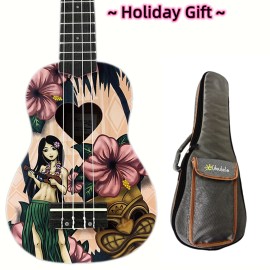 woodnote Holiday Gift 21"  Pink Hawaii Girl  Heart Hole Soprano Ukulele & Padding Bag