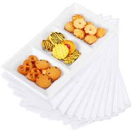 Ziliny 20 Pcs 3 Section Serving Tray Bulk Serving Dish Compartment Appetizer Tray Plastic Dessert Platter Rectangular Divided Bowls Disposable Plate for Halloween Party Kitchen, 15 x 7in(White,20 Pcs)