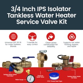 CMI Inc - 3/4 Inch IPS Isolator Tankless Water Heater Service Valve Kit with Pressure Relief - T-Handle Clean Brass Install Valve That is Compatible with Most Top Brands - Bypass & Repair