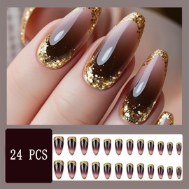 Glitter French fingertip press-on nails medium almond false nails with gold glitter design french fingertip nails gradient false nails for women girls nail decoration 24 pieces