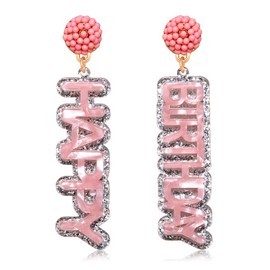 Birthday Earrings for Women Enamel HAPPY BIRTHDAY Dangle Earrings Beaded Stud Letter Drop Earrings Birthday Party Jewelry Gift (Pink Letter)
