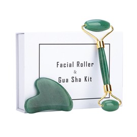 TOPGAGEME Jade Facial Roller and Gua Sha Massage Kit, Natural Green Stone, Traditional Chinese Beauty Tool with Gold Accents