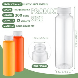 Tanlade 200 Pack Plastic Juice Bottles with Caps Clear Reusable Drink Containers with Caps Empty PET Beverages Bottles Bulk for Juicing Smoothies Drinking Beverages Fridge (White, 12 OZ)