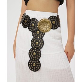 WULIQIUQIU Wide Disc Belt for Women Boho Concho Leather Belts Vintage Western Waist Belt 115CM Black