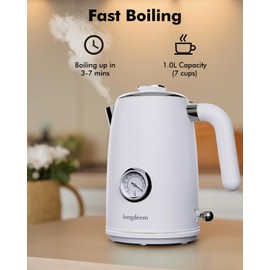 Retro Electric Tea Kettle 1L, Stainless Steel Water Boiler with Built-in Thermometer, BPA-Free, Fast Boil, Auto Shut-Off, Perfect for Home, Office, Dorm, Pure Water, Drip-Free Spout, White