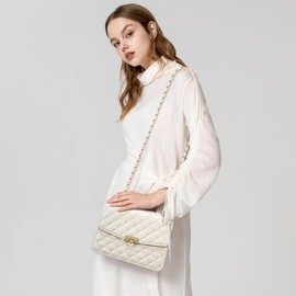 DIUY Quilted Leather Crossbody Bags for Women Trendy Ladies Shoulder Purse Satchel HandBag with Chain Strap, Beige