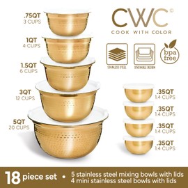 COOK WITH COLOR 18 Piece Mixing Bowls Set with Airtight Lids, Stainless Steel Bowl Organizers, Food Storage Containers, Meal Prep, Nesting Salad Bowls For Cooking, Baking, Kitchen, Gold - Hammered