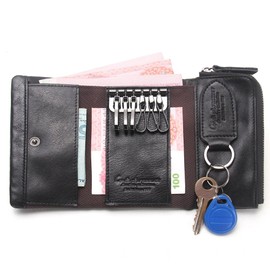 Contacts Leather Key Chain Car Key Holder Small Key Wallet,Zipper Trifold RFID Blocking Coin Pocket Mini Purse Black for Men