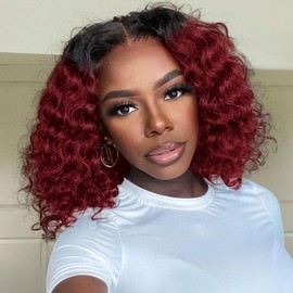 HIRIREMY Ombre 99J Burgundy Deep Wave BOB Wig Human Hair 1B/99J Short Curly Lace Front Wigs Human Hair For Black Women Wear And Go Glueless 13x4 HD Frontal BOB Wigs Ombre Red Colored 12 Inch