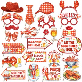 25Pcs Crawfish Boil Photo Booth Props with Stick, Lobster Theme Selfie Props, Crab Birthday Party Supplies, Photography Backdrop Decorations