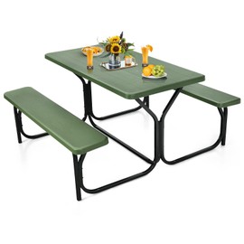 DORTALA Plastic Picnic Table for Outdoors, All Weather Faux Wood Patio Picnic Table with Benches, Picnic Table Set for Outdoor, Cafeteria and Commercial, Green