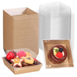 TEMLQPACK 50Pack 4x4x2.5 Inches Brown Charcuterie Boxes with Clear Lids: Bakery Boxes for Cookies, Mini Cakes, Chocolate, Desserts & Snacks