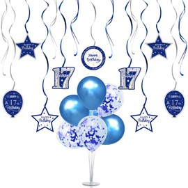 Nelbiirth Happy 17th Birthday Party Decorations Set,17th Birthday Blue Swirls Streamers with Blue Table Ballon Stand Kit,Cheers to Seventeen Years Old Bday Party Decorations.