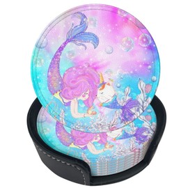Niukom 6 Pcs Girls Mermaid and Narwhal Leather Coasters for Drinks with Holder Coaster Sets Drink Table Cup Coasters for Living Room Kitchen Coffee Decor