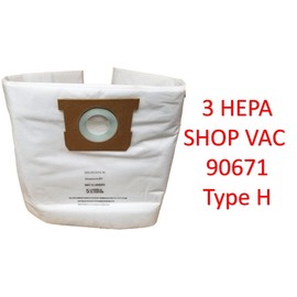 3 HEPA Bags Compatible with Shop Vac 5-8 Gallon Units, Replaces Part #'s Type H High Efficiency 90671 9067100 & Type E 90661 9066100, Craftsman 38767