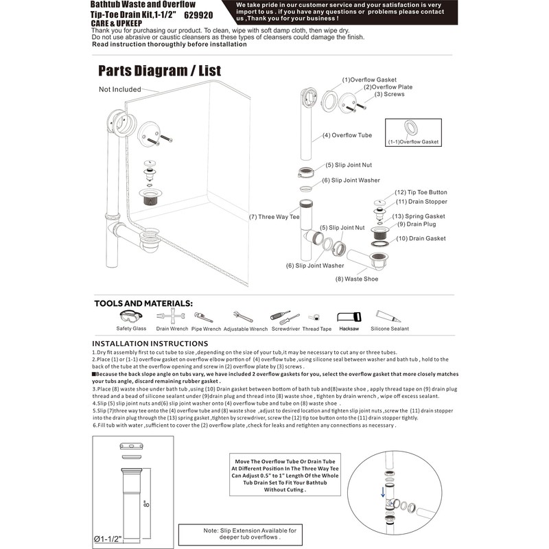 Artiwell 1-1/2'' Black Tubular Bath Drain Kit with Tip-Toe Bath