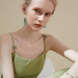 JIMARIN Handmade Bohemian Tribal Retro Colorful Square Bar Dangle Drop Earrings National Style Lightweight Vintage Silver Geometry Hook Earrings for Women (Color Yellow)