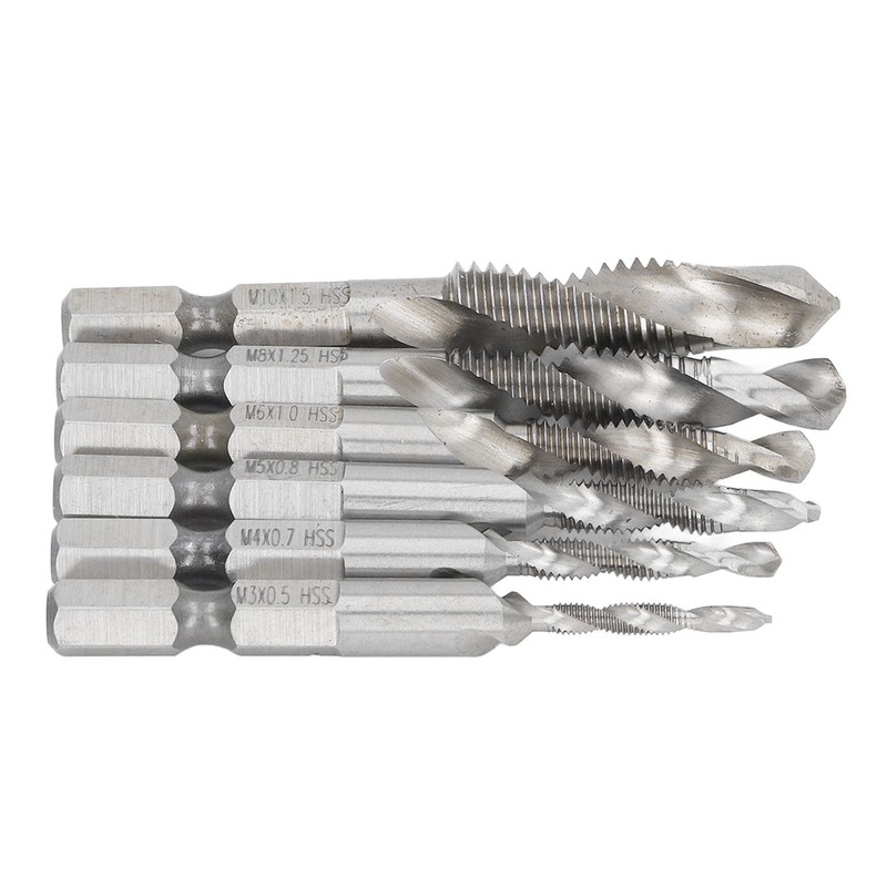 6PCS Hex Shank Combination Drill Tap 3 in 1 HSS
