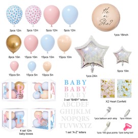 Amandir 164PCS Gender Reveal Balloon Boxes Decorations, Pink and Blue Balloon Garland Kit 4pcs Boxes with Letters (A-Z+Baby) for Baby Shower Birthday He or She Gender Reveal Party Supplies