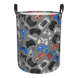 Gbuzozie Cesta redonda de almacenamiento para ropa sucia con control de videojuegos, fondo gris, organizador de ropa para el hogar, baño, dormitorio, guardería, 62 l