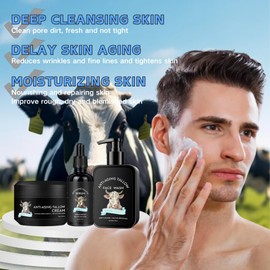 3PCS Beef Tallow Mens Skincare Set - Beef Tallow Skin Care Anti-Aging Skincare Set - Mens Gift Set with Facial Serum,Face Cream,Face Wash - Deeply Hydration,Oil Control,Firming Skin Gifts for Men