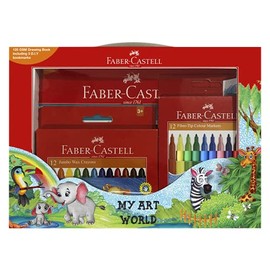 Faber-Castell My Art World Set - Includes 12 Jumbo Wax Crayons, 12 Fibre-Tip Colour Markers and 1 Drawing Book (63-574101)